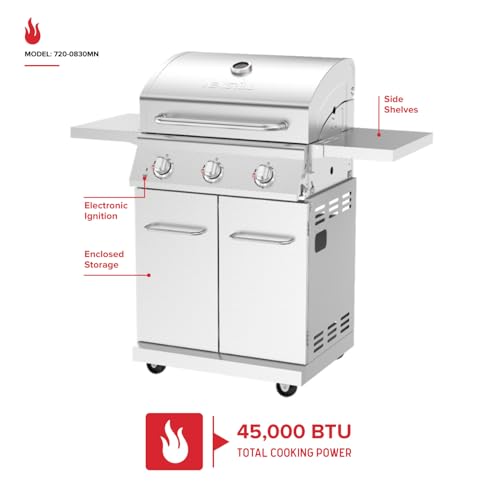 Image of Nexgrill Stainless Steel 3-Burner Propane Gas Grill w /Foldable Side Shelves, 40,500BTUS, 591.05 sq. in. Cooking Area, Perfect for Outdoor Cooking & Grilling, BBQs, Backyard, Tailgating, 720-0830MN