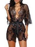 Rigeri Lace Nightgowns For Women Sexy Black Robe Lace Robe Plus Size Kimonos For Womens Lingerie Sexy Night Gowns For Woman With Flowing Sleeves Black 3XL