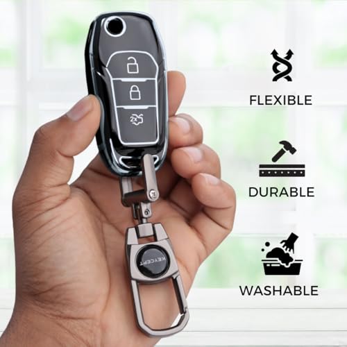 Image of KEYCEPT Silver Line TPU Key Cover Compatible with Ford Figo, Aspire, Endeavour Flip Key 3 Button with Keychain. (Type 2, Black)
