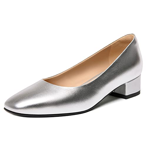 FEMSTEP Womens Wedding Slip On Square Toe Matte Leather Dress Chunky Low Heel Pumps Shoes 1.5 Inch