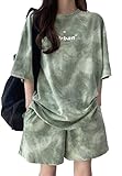 [1/2style] [ニブンノイチスタイル] Tシャツ 短パン ２点 上下 セット アップ ルーム ウェア レディース (XXL, グリーン)