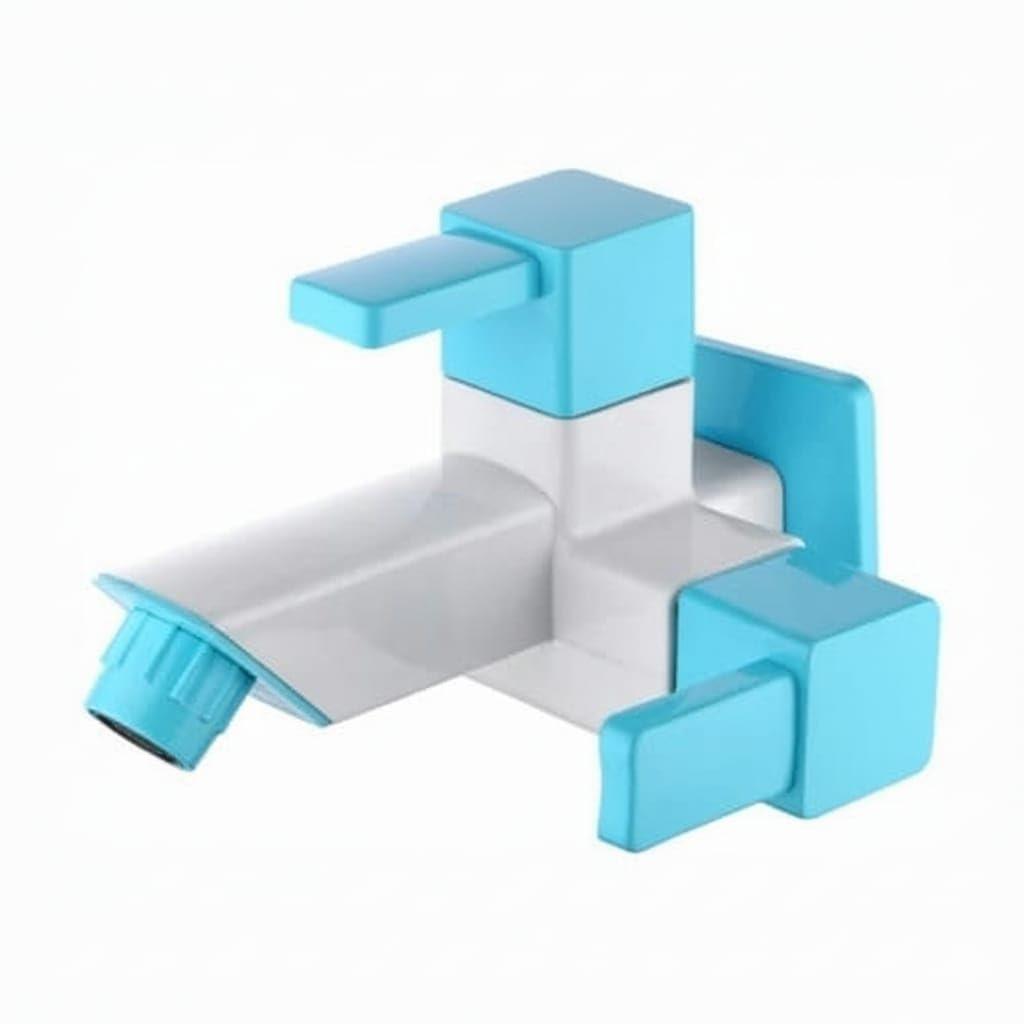 YOLO Plastic Faucet 2 in 1 Bib Cock Tap for Bathroom with 90° Water Flow | Tap for Bathroom & Outdoor with Flange|Blue & White-picture-11