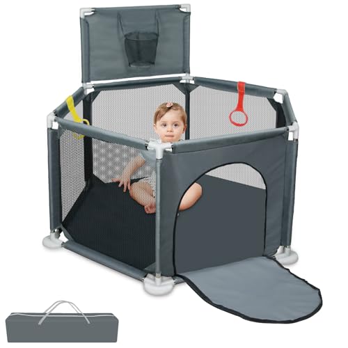 Image of Baby Playpen, 50x50 Inch Playpen for Babies and Toddlers, Small Baby Play Yard, Indoor Outdoor Safety Activity Center Play Pen with Breathable Mesh and Basketball Hoop, Grey