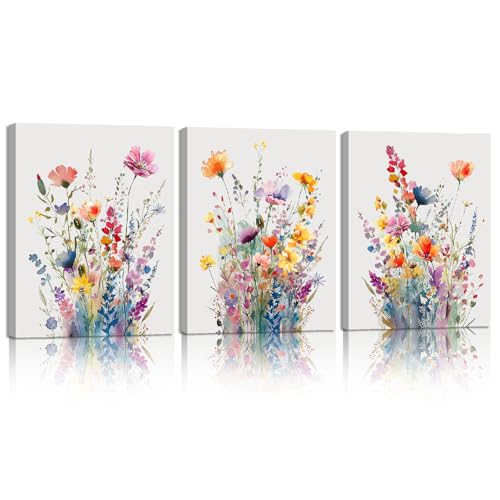 Impression de fleurs sauvages colorées lot 3 tableaux déco murale salon et chambre de fille