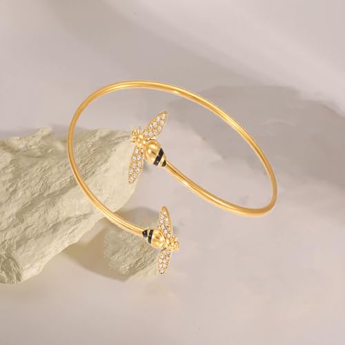 Honey Bee Bracelet for Women 18k Gold Plated Stainless Steel Dainty Crystal Bumble Cute Insect Animal Cuff Bracelet Wedding Prom Office Wear Lightweigh Hypoallergenic Chic Jewelry for Mother Friends4