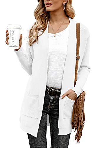 ANIXAY Womens Casual Open Front Knit Cardigan Coat Long Sleeve Kimono Lightweight Sweaters with Pockets Soft Outwear White-Small