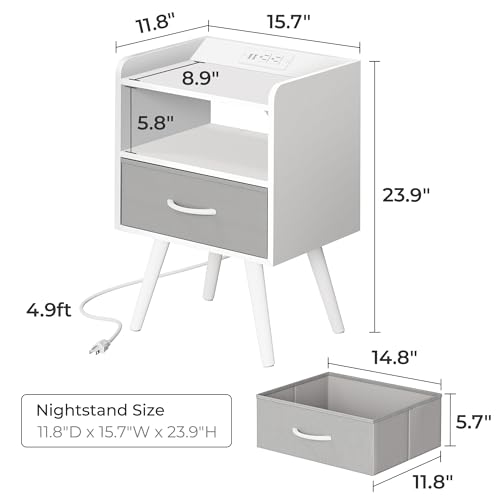 Image of Huuger Night Stand with Charger Station, Nightstands Set of 2, Bed Side Table with Drawer, End Table with Solid Wood Feet, White Nightstand, Side Tables for Bedroom