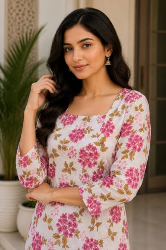 Image of Women's Floral Print Straight Kurta, 3 /4 Sleeves, Pink