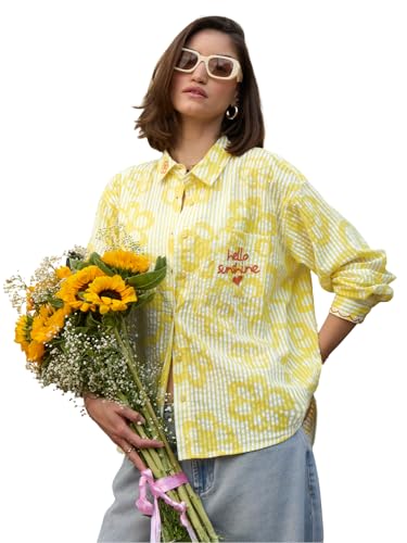 Image of The Souled Store Hello Sunshine Women and Girls Long Sleeves Collared Neck Button Front Yellow Embroidered Cotton Boyfriend Shirts