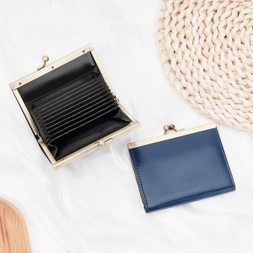 Image of GOIACII Credit Card Holder Vintage Wallet for Women Genuine Leather Ladies Card Cases with Kiss Lock Small Blue