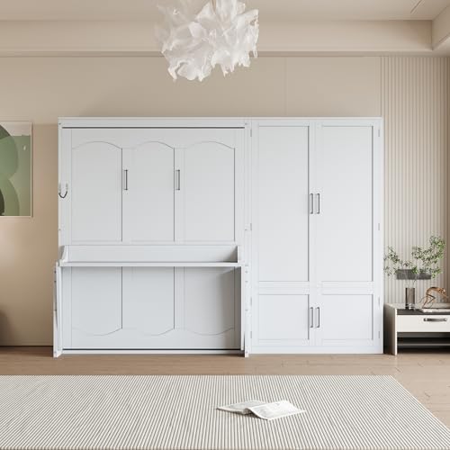 Ball & Cast Murphy Bed Queen Size Wall Bed with Built-in Wardrobe Storage and Hydraulic Lift System,Wood Hideaway Cabinet Platform Bedframe w/Slat Support & Lock,can be Folded,for Small Room,White