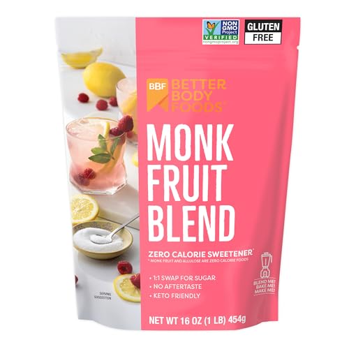 BetterBody Foods Monk Fruit Allulose Sweetener Blend, Raw Cane Sugar Substitute, Zero Calorie, Keto Diet Friendly, Zero Net Carbs, Zero Glycemic, Baking, Extract, Sugar Replacement, 1lb, 16 oz