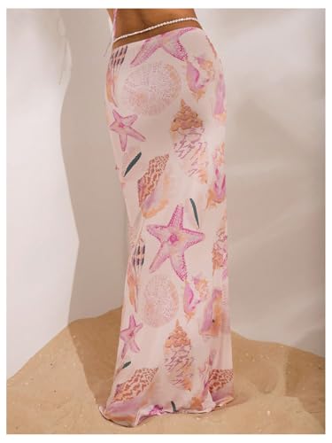 MakeMeChic Women's Summer Starfish Print Maxi Skirt Ruched Drawstring Bodycon Skirts3