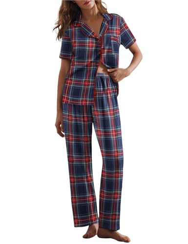 Image of Ekouaer Women Pajamas Set Button Down Sleepwear Short Sleeve Nightwear with Long Pants Soft Pjs Set S-XXL