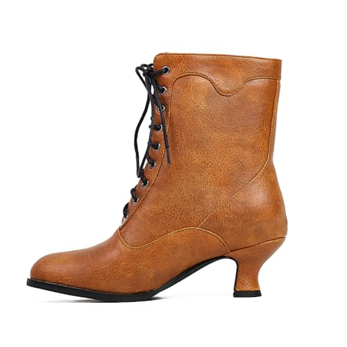 Image of Women's Victorian Ankle Boots - Mid Calf, Round Toe, Black Boots with Chunky Heel & Lace Up Detail