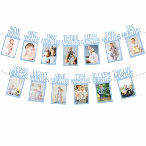 Image of Velunza Baby Monthly Photo Banner Blue First Year Milestone Photo Banner Newborn to Twelve Months Photo Display for Baby Shower, First Birthday Decoration - 13 Cards