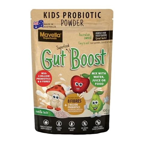 Mavella Kids Probiotic Powder Gut Boost – Daily Digestive & Immune Support with Fiber for Children Toddlers, Vanilla Flavored Fiber Supplement, Easy Mix for Constipation & Gut Health 3.52oz (100g) Cover