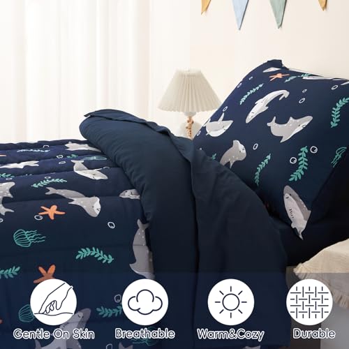 Image of PHF 4 Piece Toddler Bedding Set, Ultra Soft Toddler Comforter Sets Include Comforter, Fitted Sheet, Flat Top Sheet and Pillowcase for Boys Girls, Bed in A Bag for Toddler Bedroom, Shark
