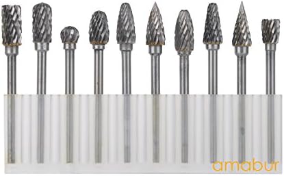 Amabur A601-10 Best Rotary Tool Double Cut Tungsten Carbide Rotary Burr Set 1/8 Inch Shank 10-pieces
