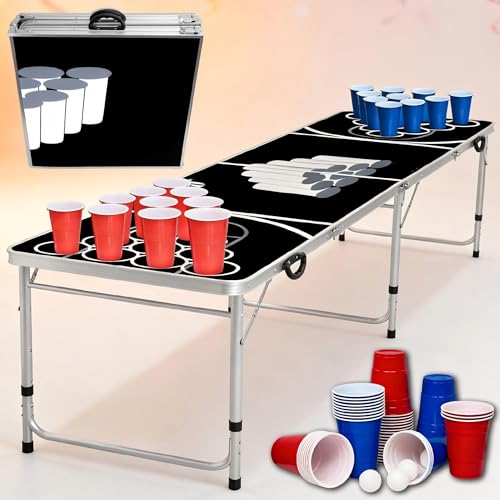 YRHome Table de pong pliable avec gobelets et balles - Pratique - Hauteur réglable - Pour adultes - Avec poignées de transport - Idéal pour toutes les fêtes