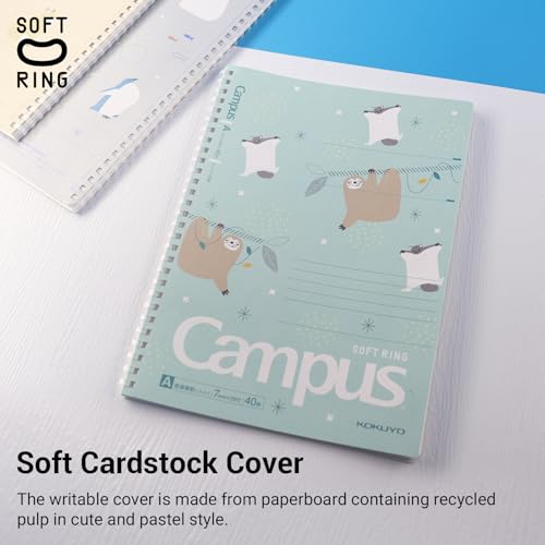 Image of KOKUYO Spiral Notebook Journal, 3 Pack Campus B5 Soft Ring Notebooks with Dotted A 7mm Rule, 40 Sheets, Cute Animal 1 Subject Notebook in Blue Yellow Green, College Office Note Taking. Japan Import
