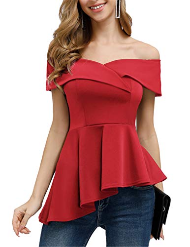 Women s Asymmetrical Tops Work Office Ruffle Peplum Off Shoulder Blouse Plus Size Red 2XL