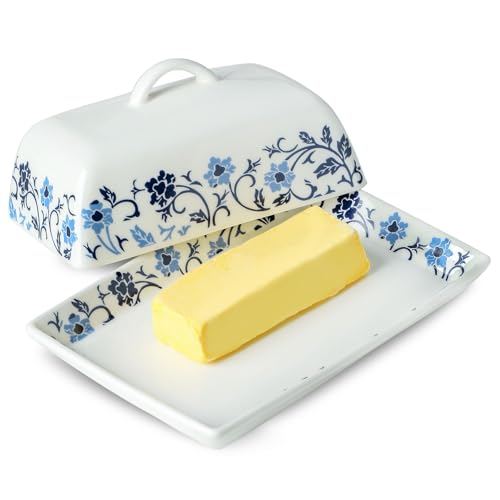 butter box,ceramic butter dish with lid,butter saver,French butter Dish,Microwave and Dishwasher Safe,Blue and white(4.6 in x 7.1 in)