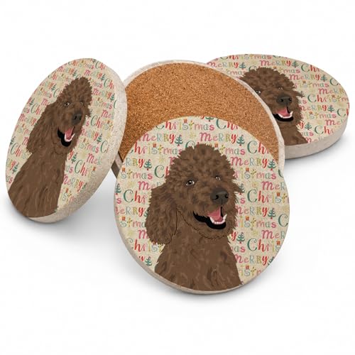Caroline's Treasures Poodle Standard Brown Christmas Large Sandstone Coasters Pack of 4 Absorbent Round Coasters Decor Gifts for Men or Women, 4 in, Multicolor