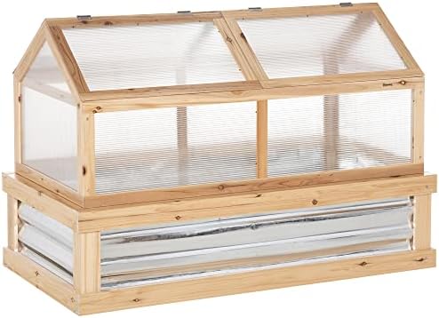 Outsunny Raised Garden Bed with Polycarbonate Greenhouse, Wooden Garden Cold Frame Greenhouse, Flower Planter Protection, 48" x 24" x 32", Natural