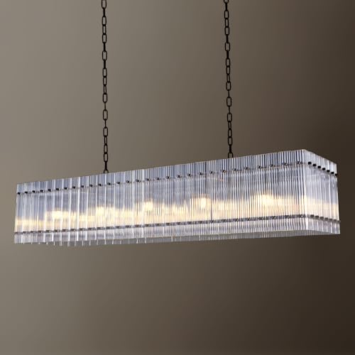 Image of 55 Inch Modern Rectangular Black Crystal Glass Chandeliers, Dining Room Chandeliers, for Living Room、Kitchen Island、Foyer, Water Ripple Chandelier, Adjustable Hanging Chandelier