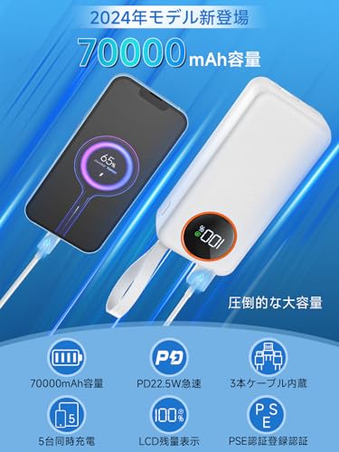 SyokuStyme モバイルバッテリー大容量 70000mAh PD22.5W 5V/3A急速充電 YD-818P-2024-1-12 の商品画像 1