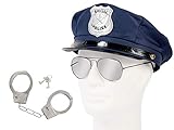 Alsino Cop Polizeikostüm Accessoires (Kv-126) Polizeimütze, blau - Kopfumfang: 60 cm | Handschellen und Pilotenbrille Silber verspiegelt