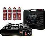 Portable Butane Gas Stove & 4 Pack Butane Canister Complete Set with Carrying Case - Full Stainless Steel Body Electronic Ignition for Outdoor Camping Tailgating Backyard