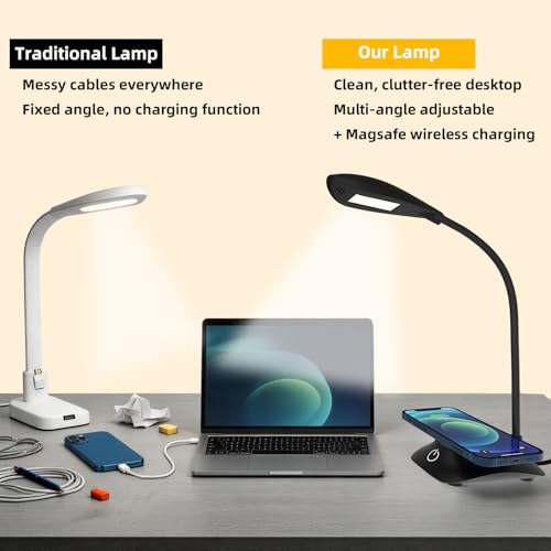 Zensun Desk Lamp for Home Office Compatible with MagSafe Wireless Fast Charging, Dimmable 3 Color Modes, 600LM, CRI 85, Adjustable Neck Study Lamps for College Dorm Room, Adapter Not Included, Black — view 5