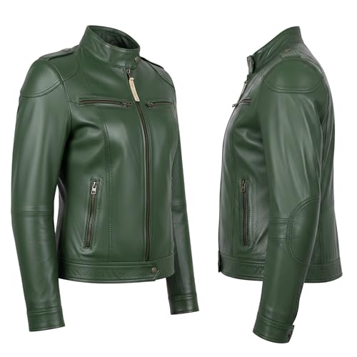 German Wear Lederjacke Damen Echtlederjacke aus weichem Lammnappa Blazer mit Reißverschluss Druckknopfkragen Grün,