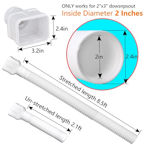 Prestantious 8.5ft Long Gutter Downspout Extensions, 2\" ID Small Size Downspout Extender Drainage Pipe for 2\"×3\" Downspout, Inside Diameter 2 Inches, Pipe Stretched Length 8.5ft(White-1 pack)
