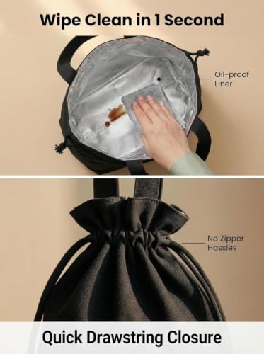 Image of Insulated Lunch Bag with Drawstring Closure, Green, Reusable Tote for Meals (Black)