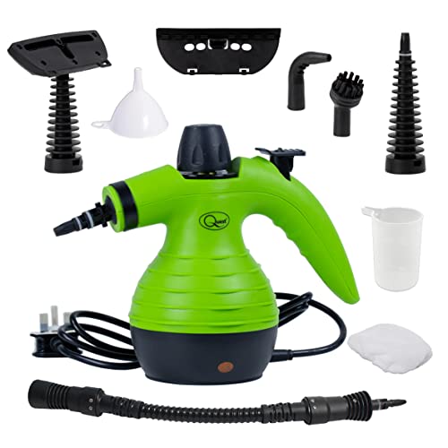 Quest Handheld Steam Cleaner/Powerful Chemical Free Multi Surface Cleaner / 9 Cleaning Attachments and Accessories/Fast Steam Production/Child Lock/Green
