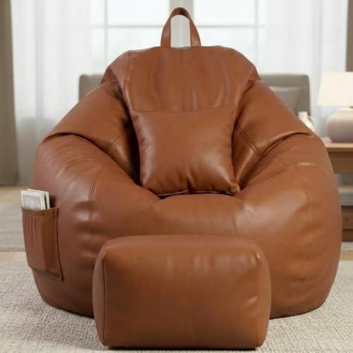 Image of KAM'S LIEU 5XL Luxury Faux Leather Bean Bag with Footrest & Cushion | Pre-Filled High-Density Polystyrene Beans | Premium Leatherette | 6 Months Warranty Color- (Tan, Without Footrest)