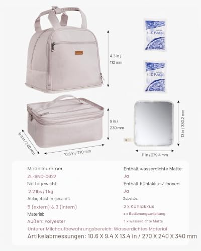 VEVOR Milchpumpen-Rucksack, 270x240x340 mm, mit Kühlakku, passend für S1/S2, Pumpzubehör & Muttermilchaufbewahrung, Wickel Rucksack für Arbeit, Reisen & Familiengebrauch, Hellrosa