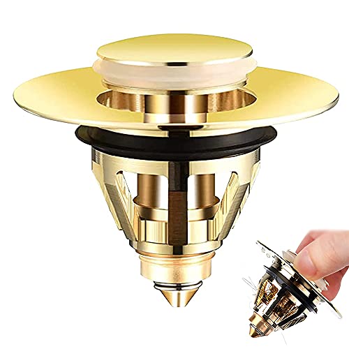 Ablaufgarnitur Waschbecken, Waschbeckenstöpsel, Pop-up-Stopper, Bounce-Core-Filter, Edelstahl Kein Überlauf Universal Stöpsel Waschbecken mit Korb für Küche, Bad, Badewanne (Gold)