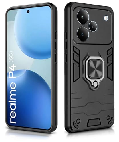 Image of WOW IMAGINE Shock Proof Back Case Mobile Cover for Realme P4 5G | Back Cover Case (Tough Armor | Hybrid PC + TPU | Ring Holder & in-Built Kickstand | Black)