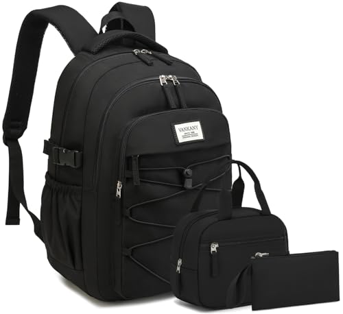 Image of Teen Girls Boys Backpack Aesthetic School Bag with Lunch Box, Laptop Backpack Bookbag for High School College Women Men, Black 3pcs