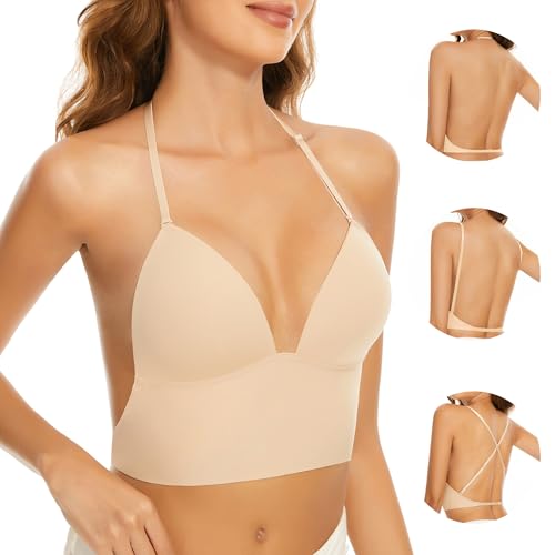 Low Back Bras for Women-Seamless Invisiable Backless Bras-Wireless Triangle Bralette Low Cut Open Back Multiway Halter Bra2