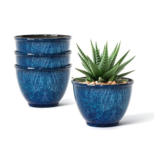 Vanslogreen 8 Inch Glazed Plastic Plant Pots Set of 4 Planters with Drainage Holes - Indoor/Outdoor Flower Pots for Succulents Herbs Home Decor(Blue)