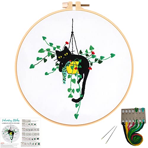 Image of Louise Maelys Embroidery kit for Beginners,Cat Stamped Pattern Cross Stitch Kits for Adult Including Cloth,Hoop,Color Threads,Needles and Instruction