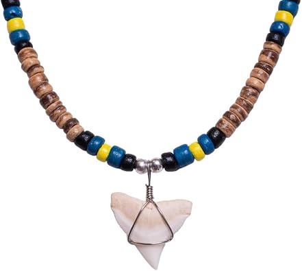 BlueRica Shark Tooth on Coconut Shell Beads Necklace 18" 3U
