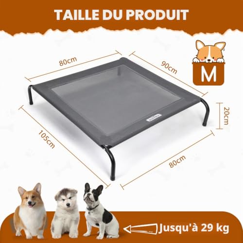 Nobleza Lit Chien Surélevé Moyen Taille, Lit de Camp pour Chiens Chats, Animaux de Compagnie Intérieur Extérieur, Panier Sureveler Chien Lavable Respirant, Gris, M, 105x80x20CM – vue 2
