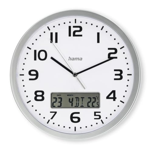 Hama Horloge Murale DCF Moorea (Pendule Murale avec Affichage Digital de la Date et de la Température, Montre de Cuisine Ø 30 cm, Idéale Entrée, Salon,...