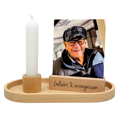 Gedenkset mit Kerzenhalter & Kartenhalter – Erinnerung an Verstorbene – graviert oder personalisiert – Holz Deko für Trauer & Gedenken (Geliebt und unvergessen)